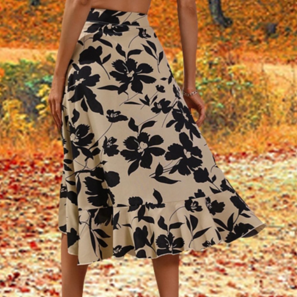 Fun Flirty Asymmetrical Floral Print Skirt in Cream Latte and Black